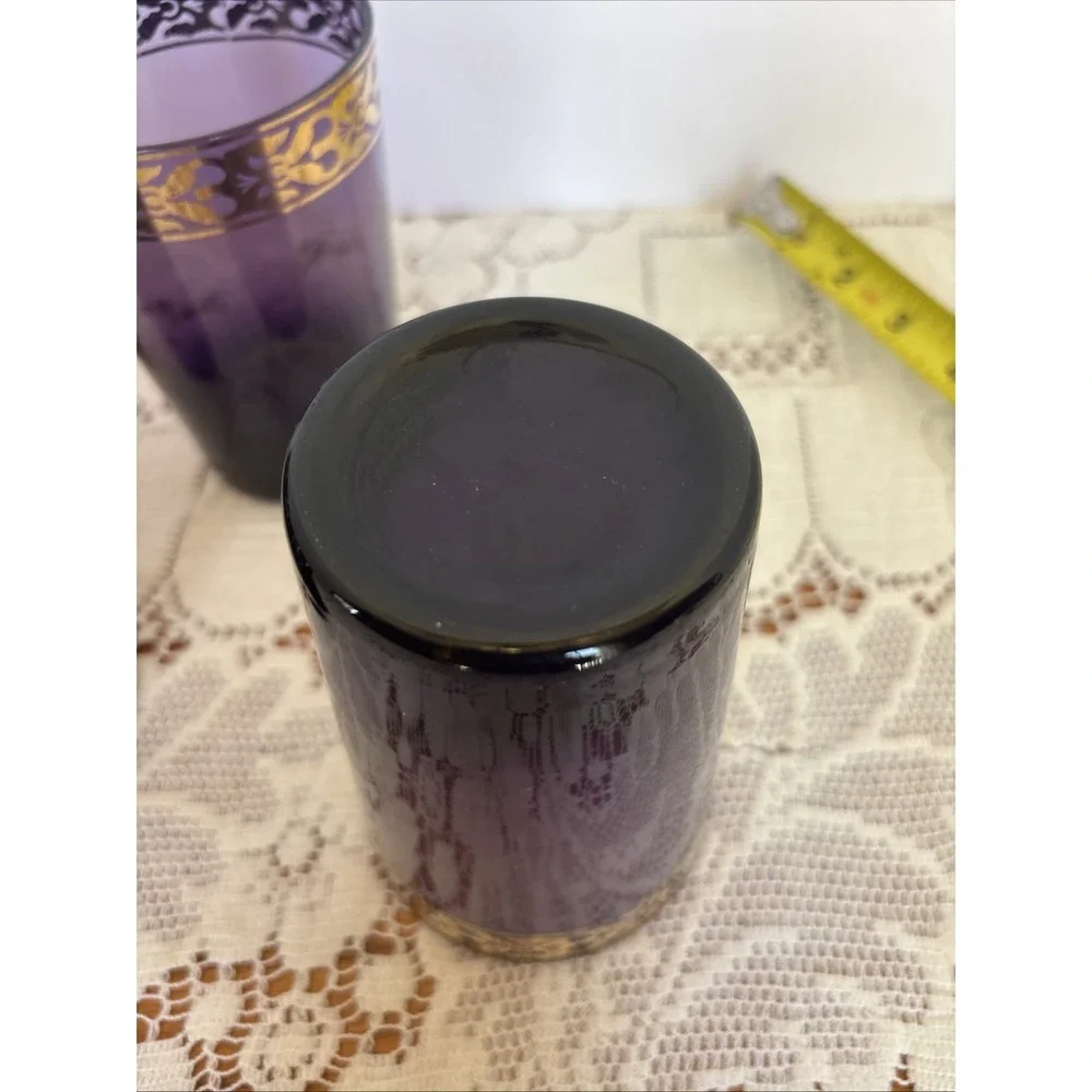 4- Amethyst Glass Tumblers with Gold Scroll Band Moroccan Boho Barware Pier 1